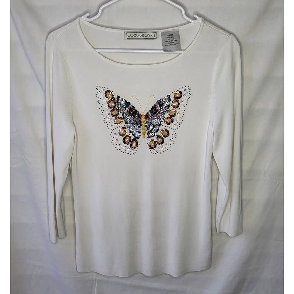 90s/Y2K Off White Beaded Butterfly Top with 3/4 Sleeves Sequins Round Neck Small